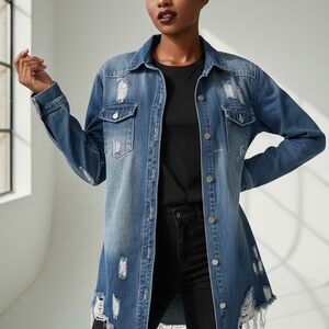 American Bazi Women Medium Blue Wash Distressed Denim Button-Up Shacket Jacket M